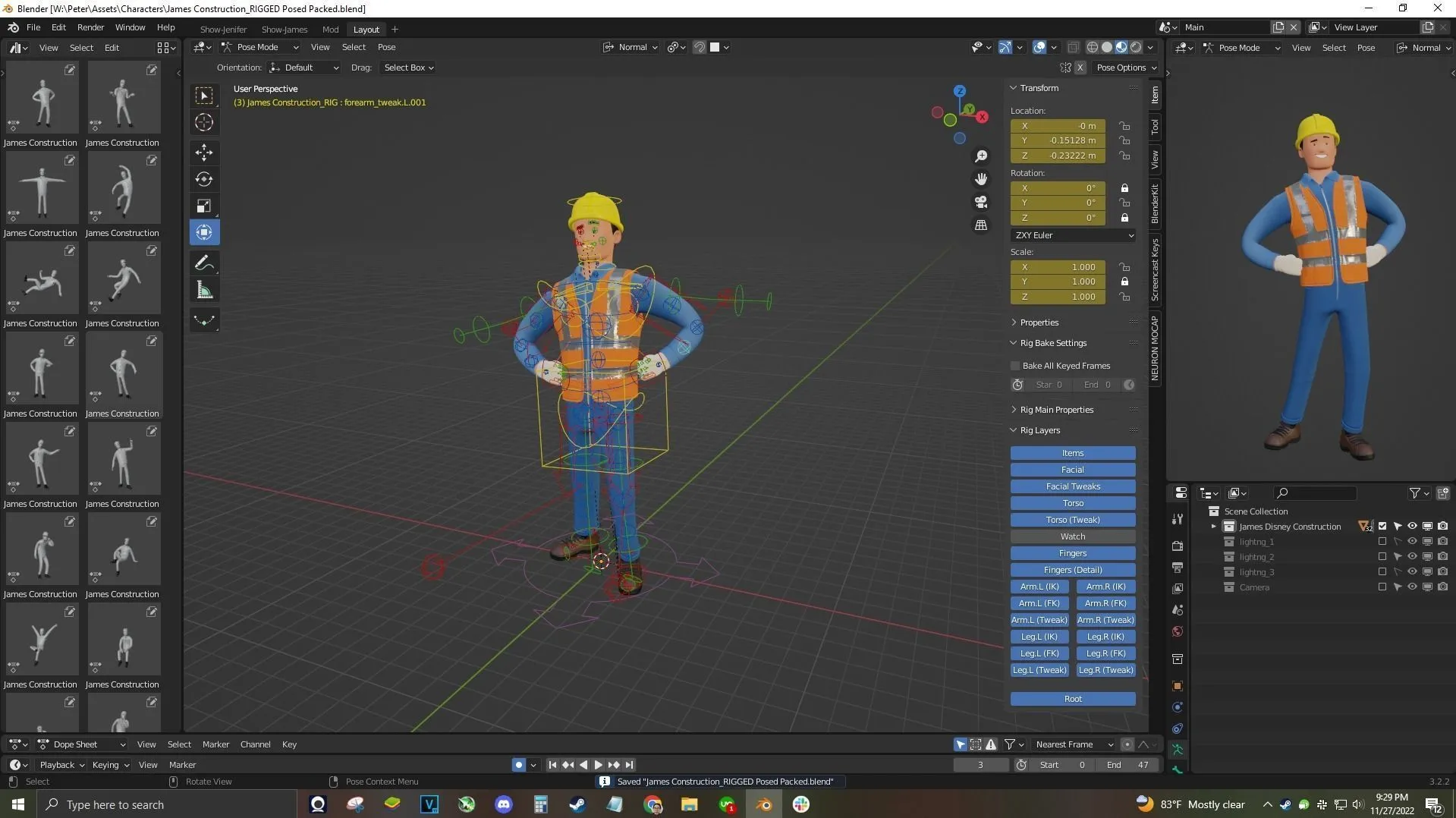 Cartoon Worker Builder Character - Rigged 3D Character in Blender with advanced face and body rigging system
